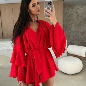 Red Glam Women's V-Neck Asymmetrical Tie-Up Long Sleeve Loose Mini Dress